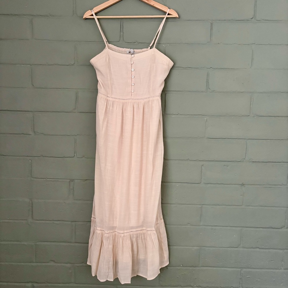 Love Tree Beige Midi Dress Women’s M Boho Smocked Pull On Sundress